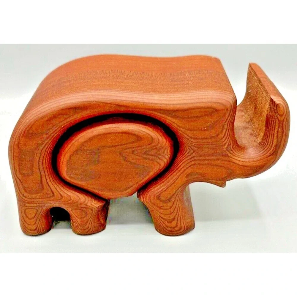 Handcrafted Native Redwood Elephant Hidden Drawer Trinkets Box